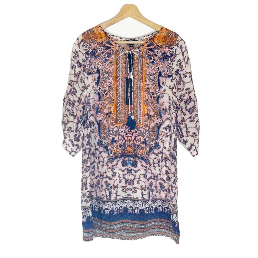 Nwt Tolani Monore Silk Tunic Dress Shift Printed Navy Sz S